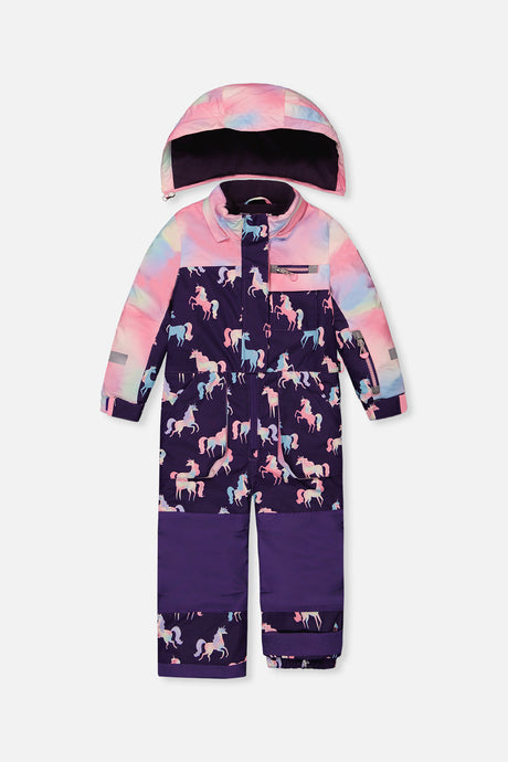 Deux par Deux girls' PLAY one-piece snowsuit, purple unicorn print, alternate view
