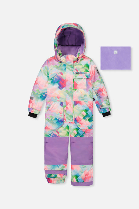 Deux par Deux girls PLAY one-piece snowsuit in multicolor diamond print, front view