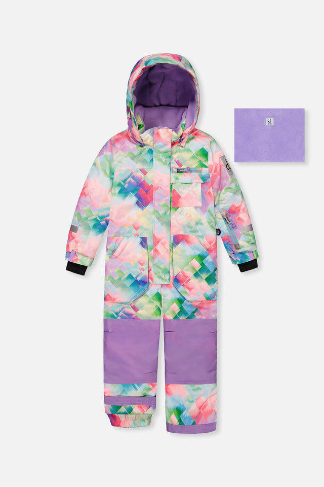 Deux par Deux girls PLAY one-piece snowsuit in multicolor diamond print, front view