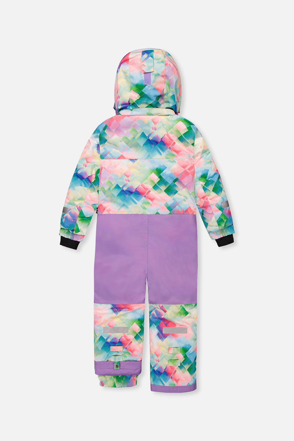 Deux par Deux multicolor diamond print one-piece snowsuit, back view