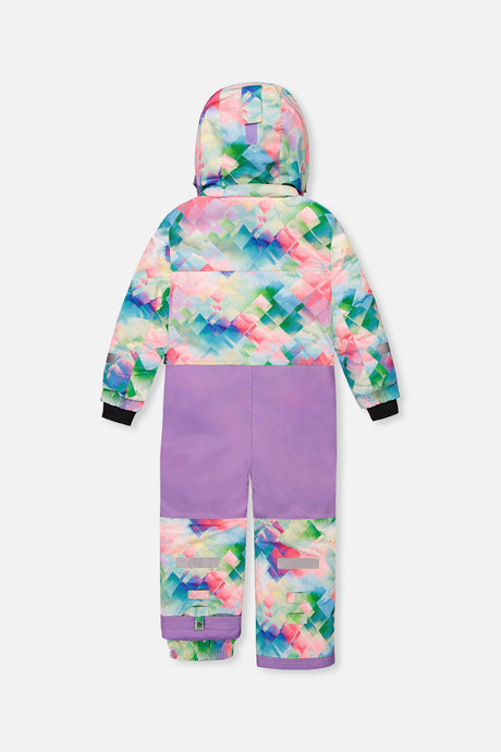 Deux par Deux multicolor diamond print one-piece snowsuit, back view