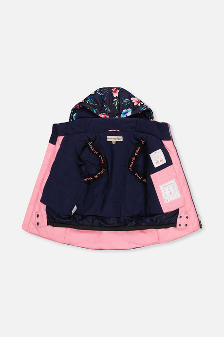 Deux par Deux girls' PLAY snowsuit, pink colorblock and floral print, additional angle