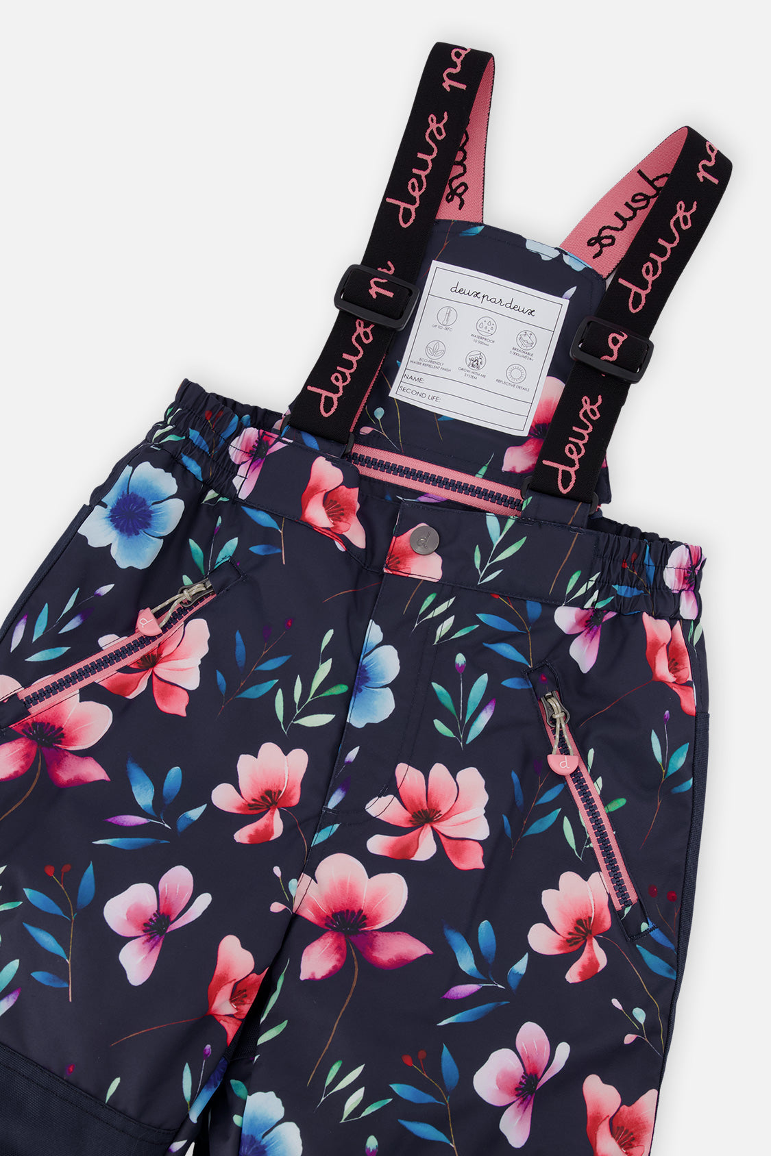 Deux par Deux girls' PLAY snowsuit, pink colorblock and floral print, further studio view