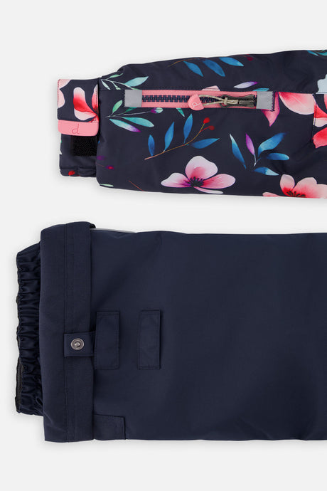 Grow-with-me sleeve extension and adjustable pant hem on the floral snowsuit