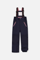Navy PLAY snow bib pants with suspenders, front view