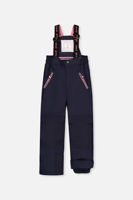 Navy PLAY snow bib pants with suspenders, front view