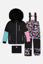 Two Piece Play Snowsuit Black, Blue And Pink Colorblock With Heart Print Pants-0