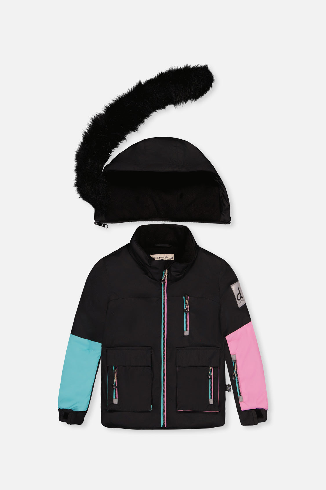 Deux par Deux girls' PLAY black colorblock and heart print snowsuit, back view