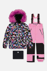 Two Piece Play Snowsuit Black Heart Print With Pink Pants-0