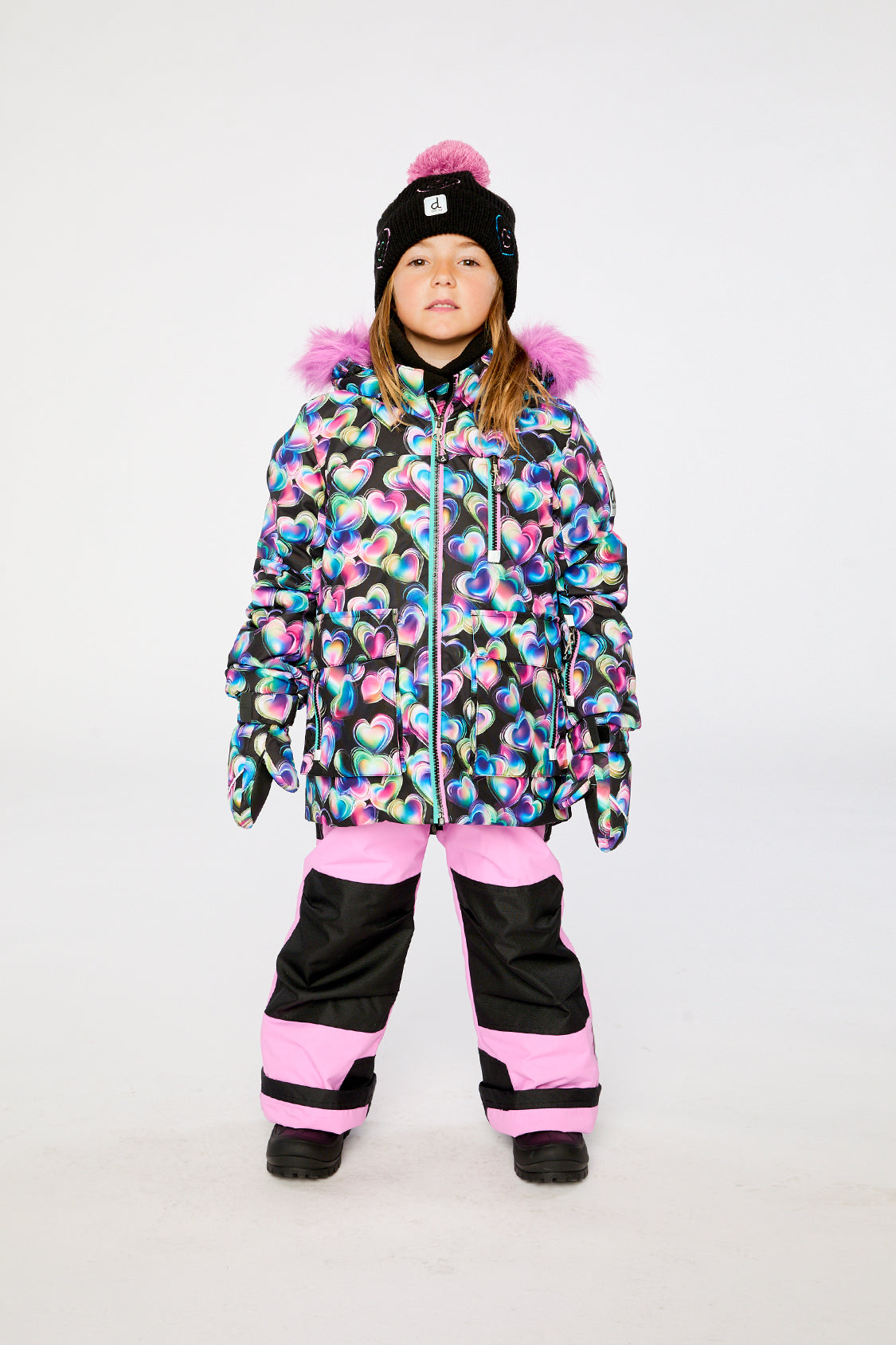Two Piece Play Snowsuit Black Heart Print With Pink Pants-1