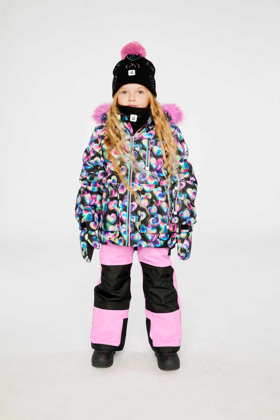 Two Piece Play Snowsuit Black Heart Print With Pink Pants-2