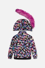 Deux par Deux black heart-print PLAY jacket, back view with pink faux-fur hood detached