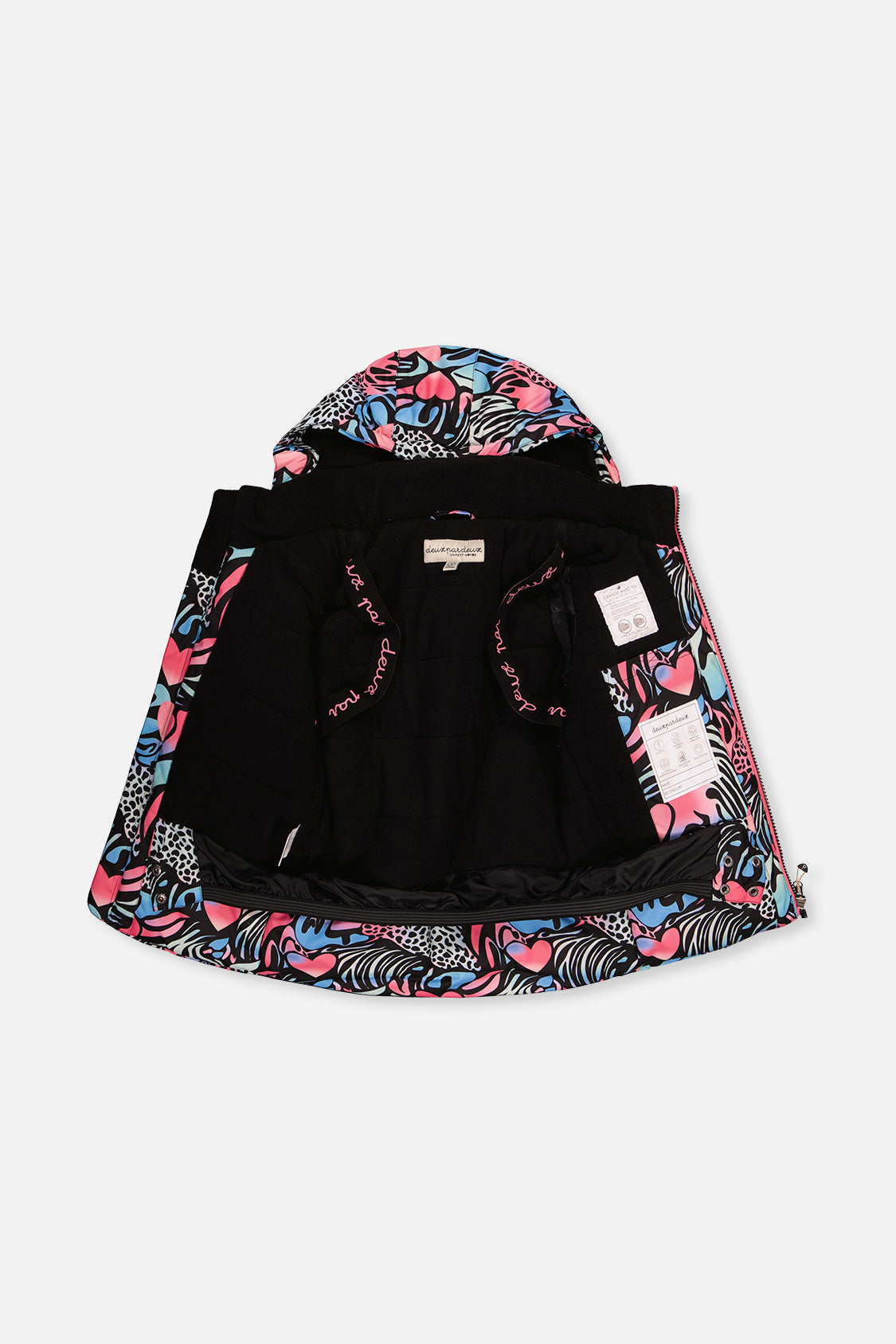 Deux par Deux girls' PLAY snowsuit, black zebra-print jacket with pink pants, additional angle