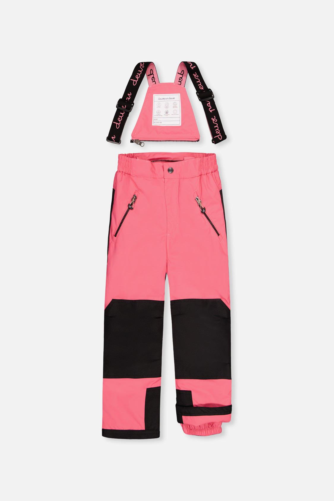 Deux par Deux girls' PLAY snowsuit, black zebra-print jacket with pink pants, another studio view
