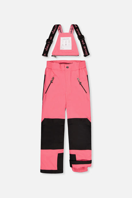 Deux par Deux girls' PLAY snowsuit, black zebra-print jacket with pink pants, another studio view