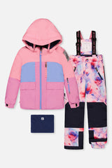 Two Piece Play Snowsuit Pink And Purple Colorblock With Watercolor Floral Print Pants-0