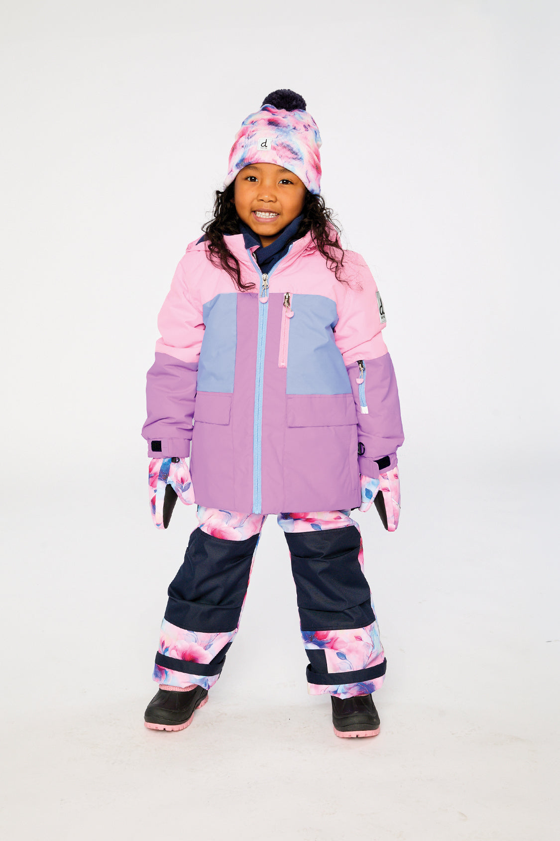 Two Piece Play Snowsuit Pink And Purple Colorblock With Watercolor Floral Print Pants-1