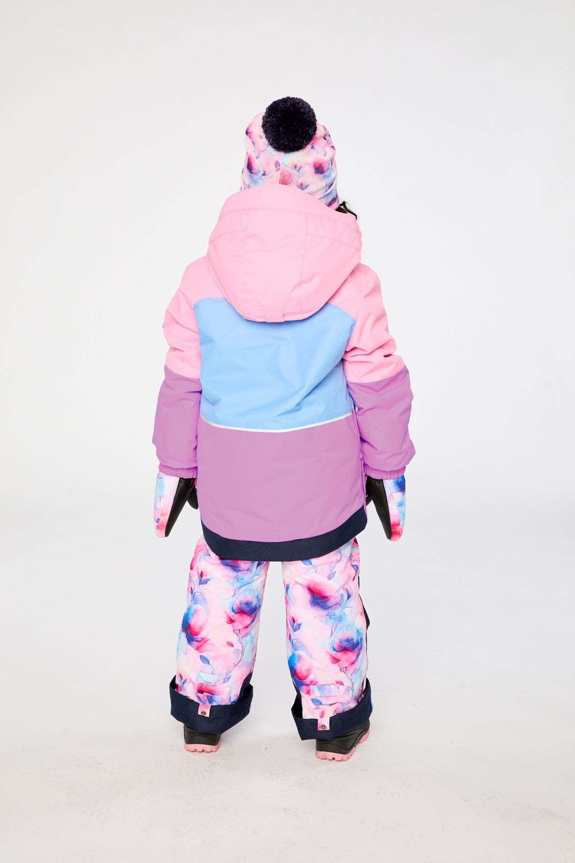 Two Piece Play Snowsuit Pink And Purple Colorblock With Watercolor Floral Print Pants-3