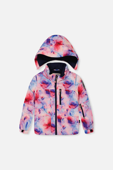 Deux par Deux girls' PLAY mauve floral snowsuit with navy pants, back view