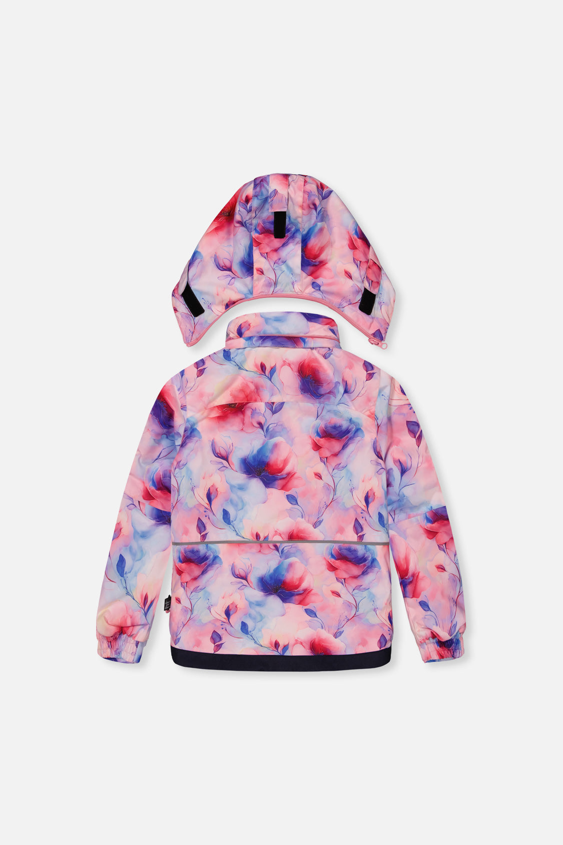 Mauve watercolor floral PLAY jacket with hood, back view