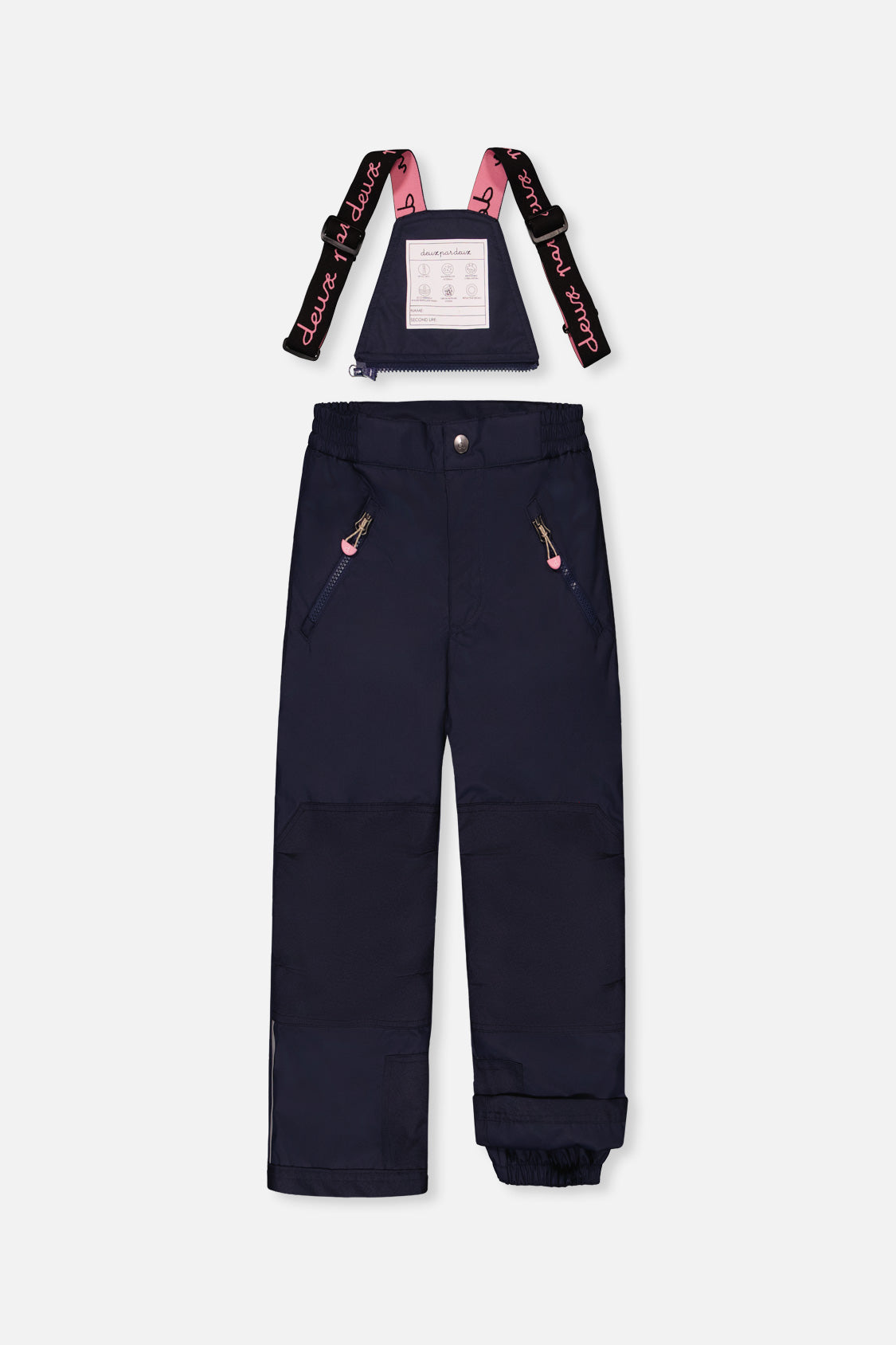 Navy PLAY snow pants with suspenders, front view