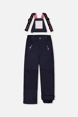 Navy PLAY snow pants with suspenders, front view