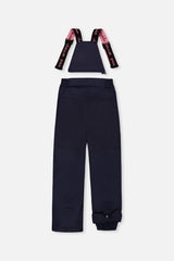Navy PLAY snow pants with suspenders, back view