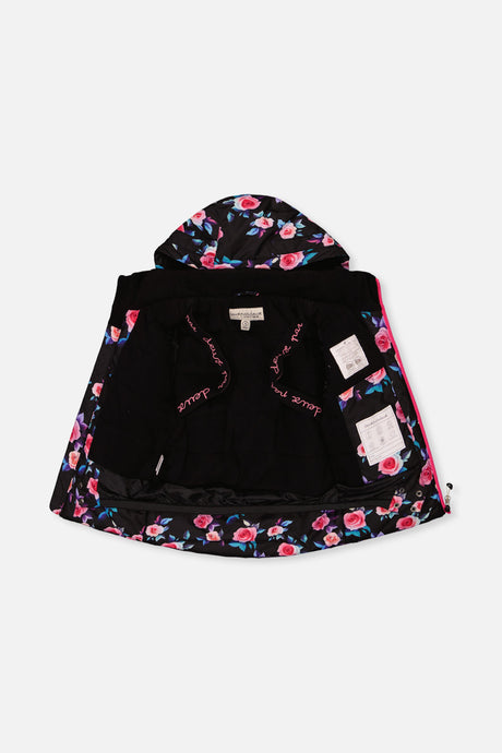 Deux par Deux rose-print PLAY jacket opened to show the black lining and inner straps