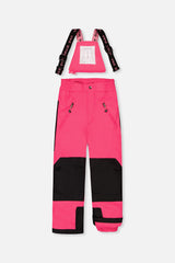 Deux par Deux pink PLAY bib snow pants with suspenders and black reinforced knees, front view