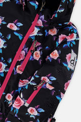 Close-up of the rose-print PLAY jacket pink front zipper, chest pocket and sleeve logo patch