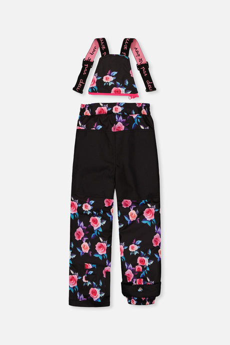 Deux par Deux girls' PLAY two-piece snowsuit in black rose print, alternate angle