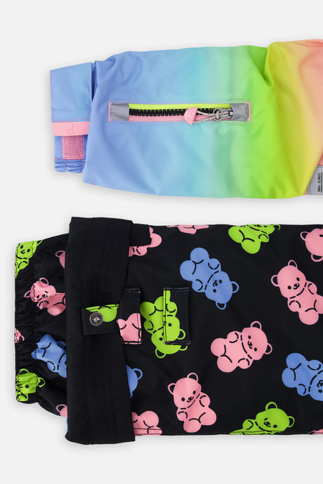 Deux par Deux girls' PLAY two-piece snowsuit in Multicolor Gradient with gummy-bear print pants, additional product view