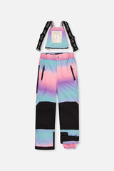 Pink-to-blue gradient snow bib pants with black reinforcements, front view