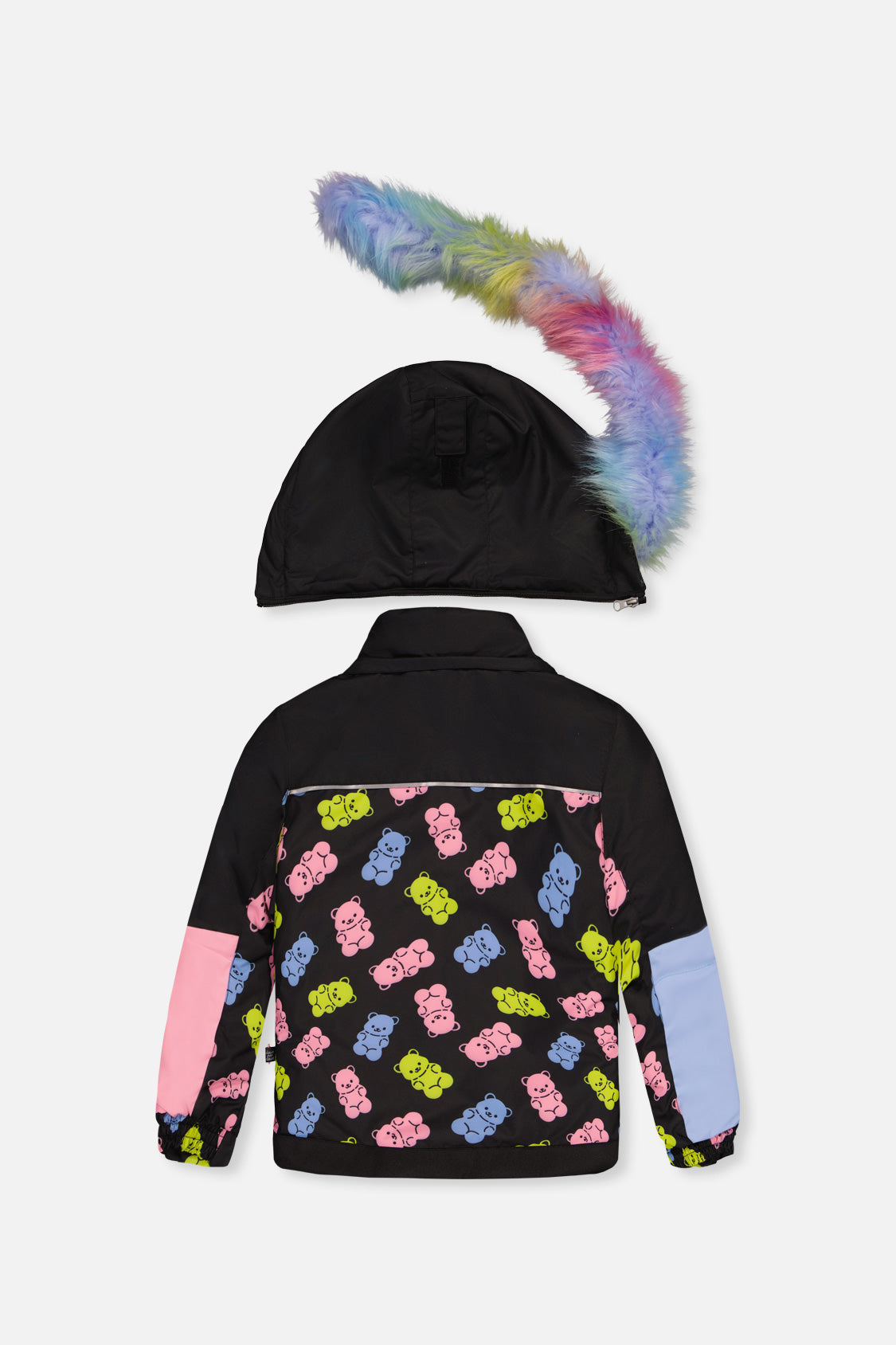 Back view of the black gummy bear print PLAY jacket with rainbow faux-fur hood
