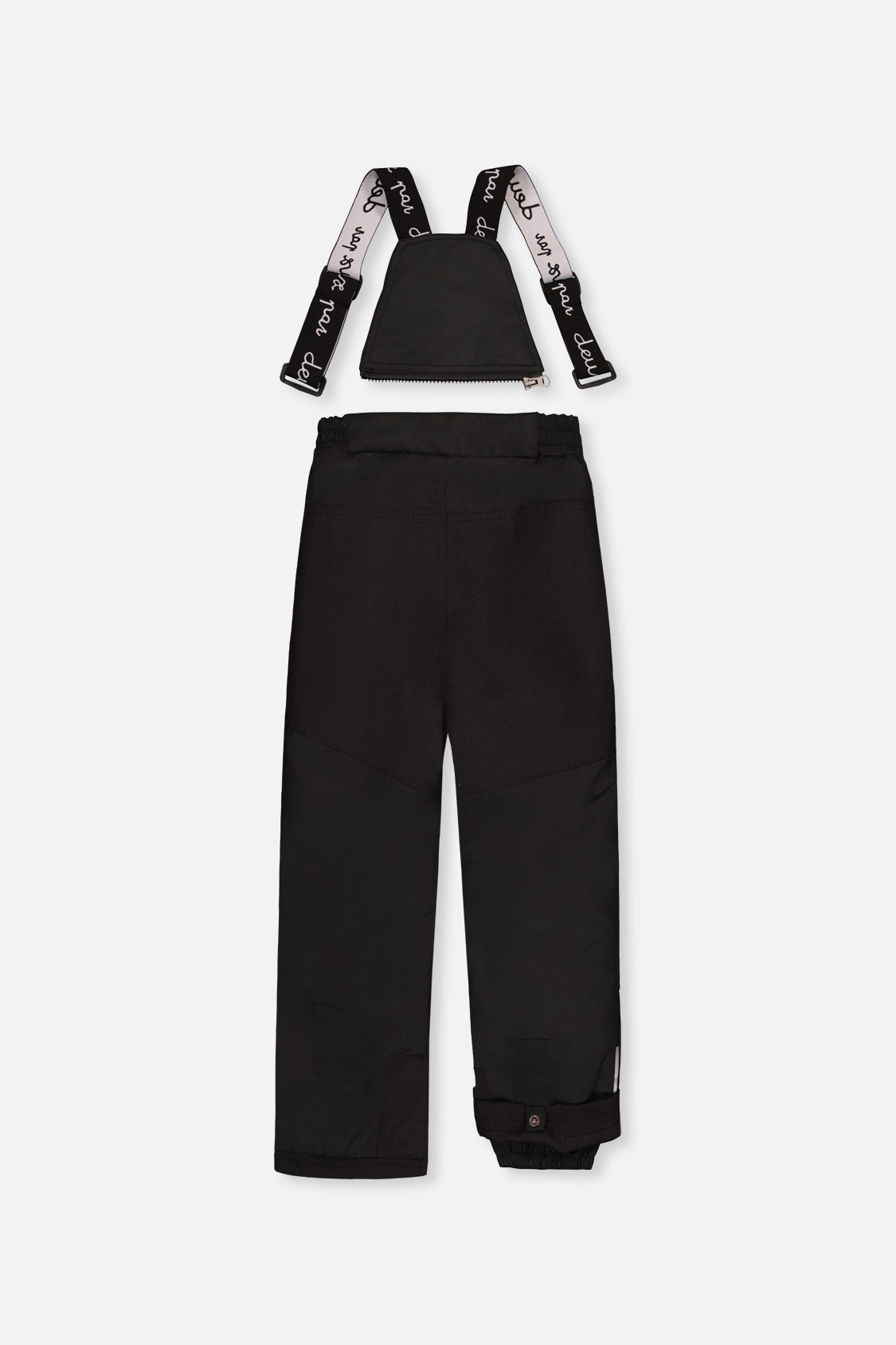 Back view of the black snow bib pants with reinforced seat