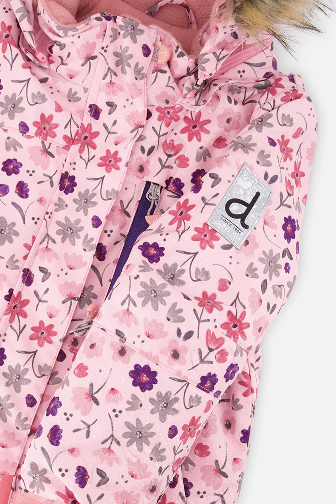 Deux par Deux girls' PLAY snowsuit with pink mini flower jacket and navy snow pants, additional product view
