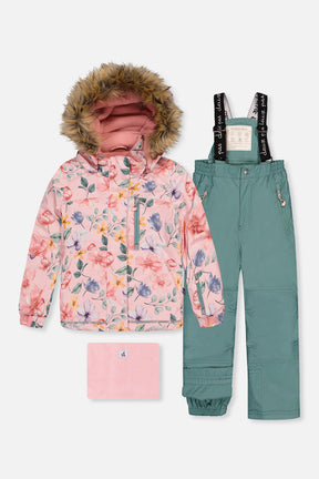 Deux par Deux girls PLAY pink vintage floral snowsuit with green pants -30°C