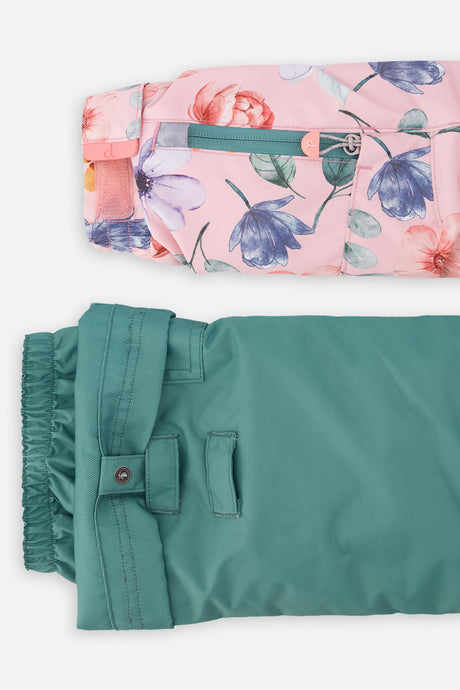 Deux par Deux girls' PLAY snowsuit, pink vintage floral jacket and green pants, alternate studio shot