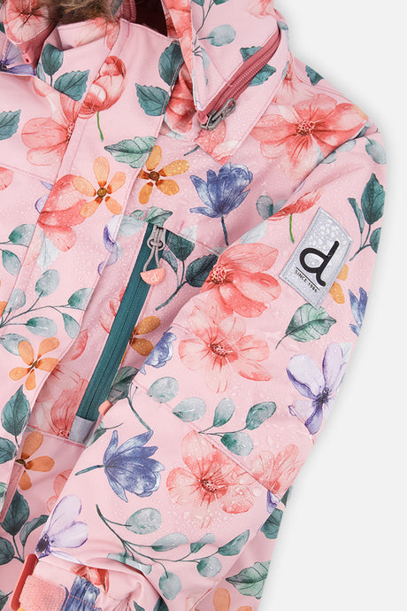 Deux par Deux girls' PLAY snowsuit, pink vintage floral jacket and green pants, additional studio angle