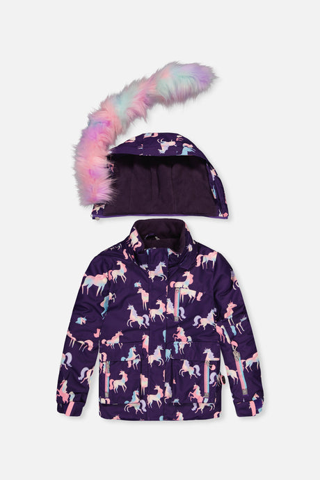 Two Piece Play Snowsuit Purple Unicorn Print With Multicolored Pants-4