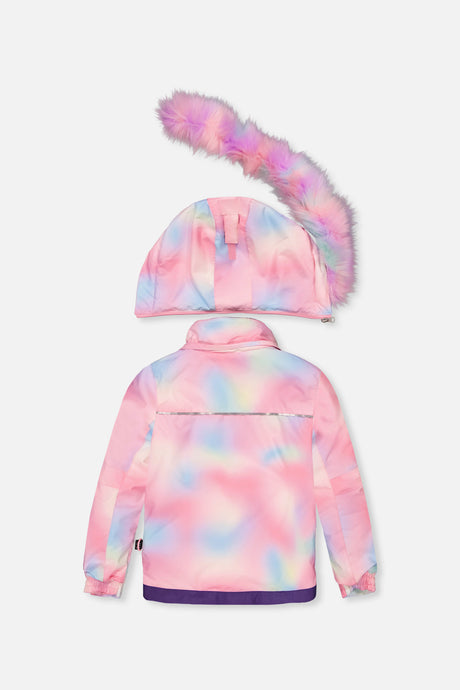 Deux par Deux multicolored PLAY jacket, back view with faux-fur hood detached