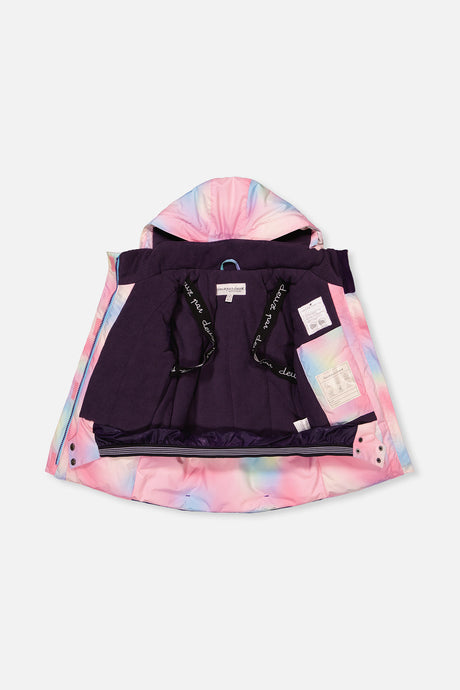 Deux par Deux multicolored PLAY jacket opened to show the purple lining and inner straps