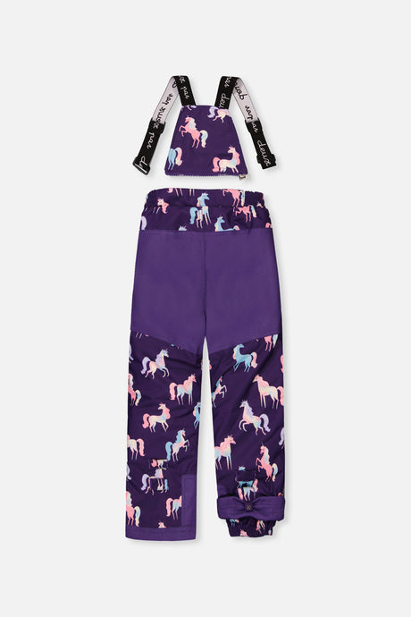 Deux par Deux purple unicorn-print PLAY bib snow pants with reinforced seat, back view