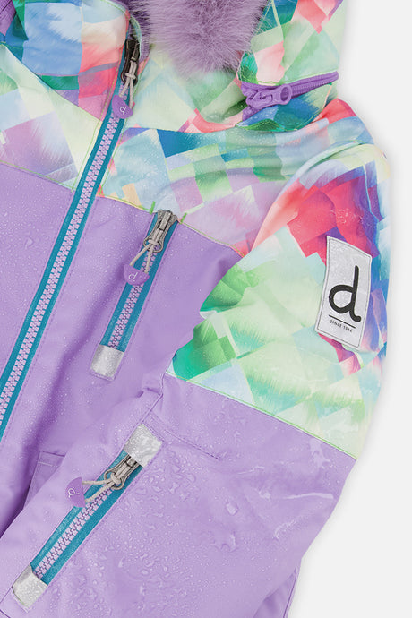 Deux par Deux girls' PLAY snowsuit with multicolored diamond-print snow pants, additional studio angle
