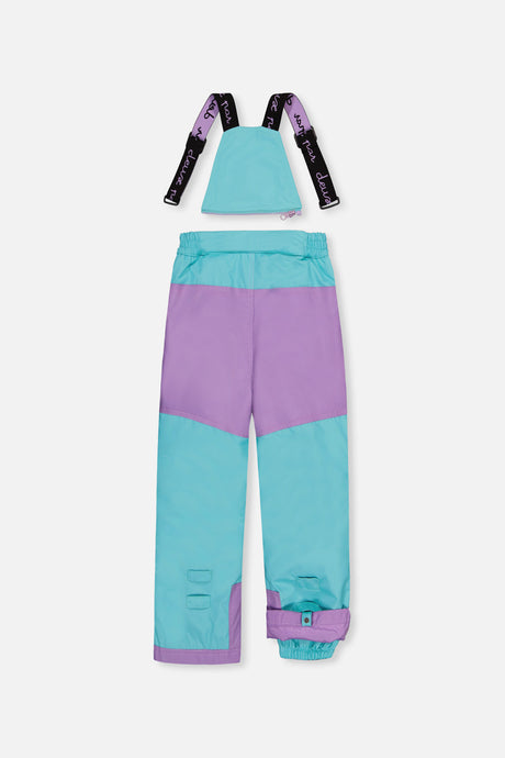 Deux par Deux girls' PLAY snowsuit with diamond-print jacket and turquoise and purple pants, alternate angle