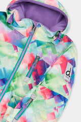 Deux par Deux girls' PLAY snowsuit with diamond-print jacket and turquoise and purple pants, additional studio angle