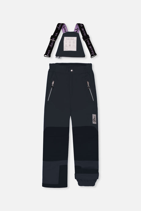 Deux par Deux girls' PLAY snowsuit with pink mountain-print jacket and black snow pants, another studio view