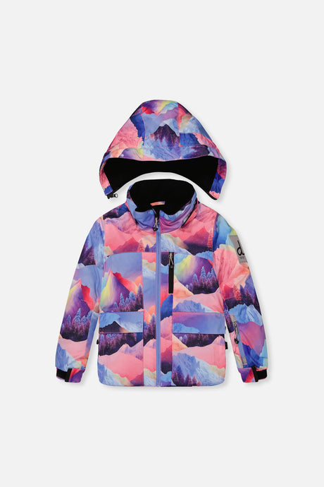 Deux par Deux girls' PLAY snowsuit with pink mountain-print jacket and blue snow pants, back view