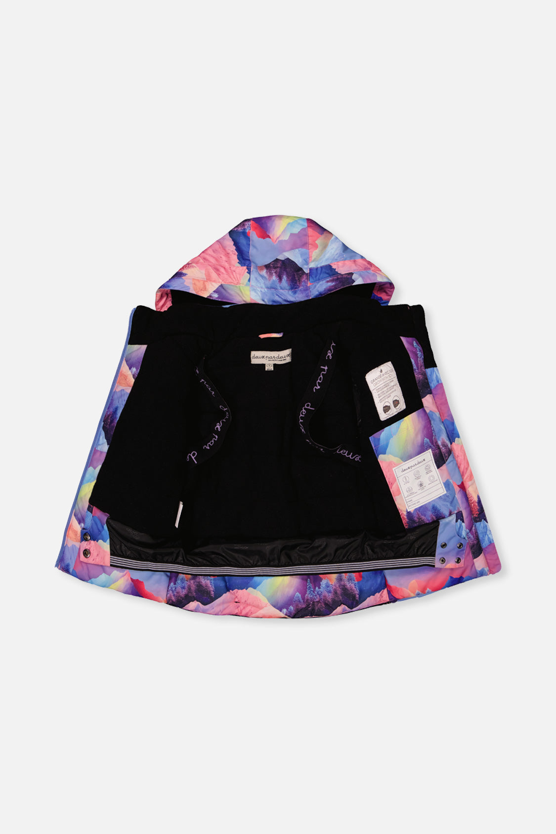 Deux par Deux girls' PLAY snowsuit with pink mountain-print jacket and blue snow pants, additional angle