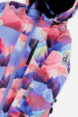 Deux par Deux girls' PLAY snowsuit with pink mountain-print jacket and blue snow pants, additional studio angle
